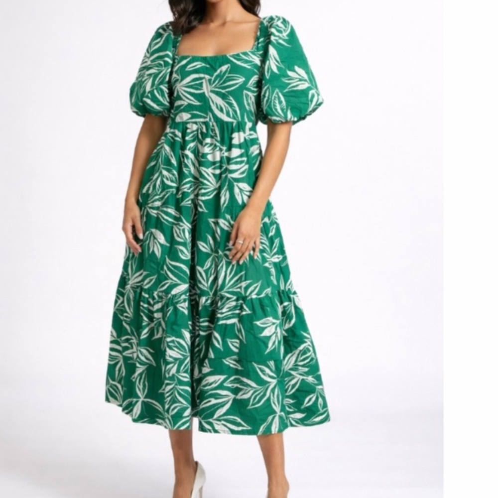 Meadow Rhodes Cotton Leaf Print Smocked Tiered Puff Sleeve Midi Dress M